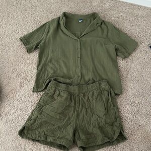 Old Navy Olive Green Button-Up Top and Shorts Set